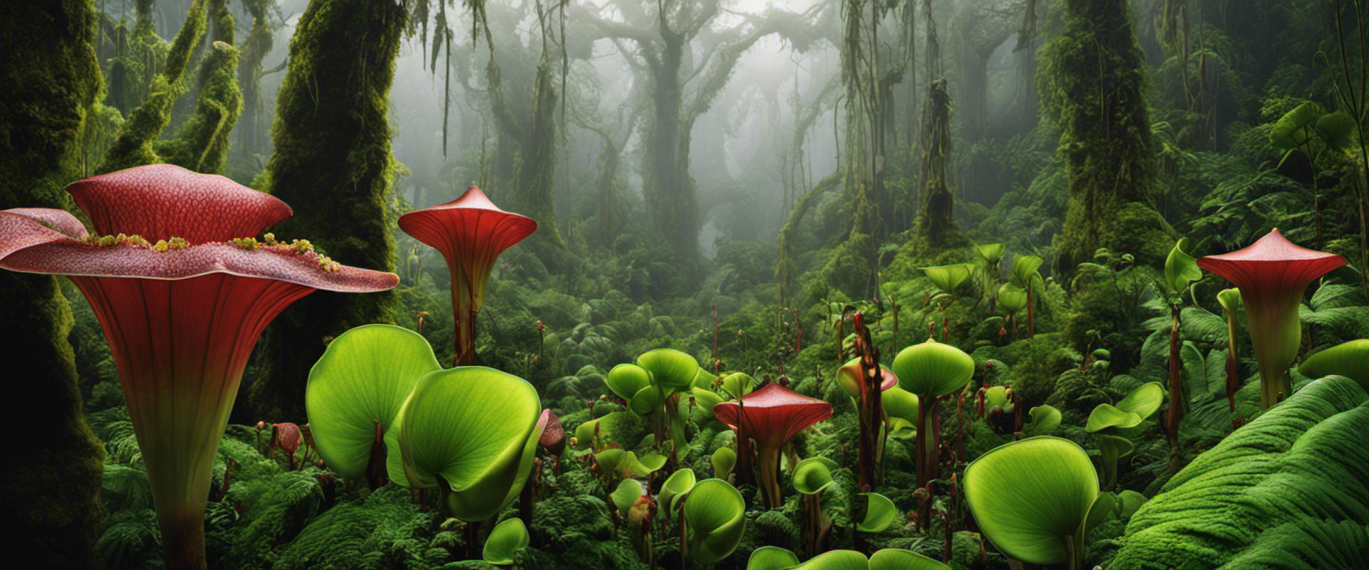 An image showcasing the world's largest carnivorous plant, a colossal green pitcher plant, towering over a dense, mist-shrouded rainforest, its gigantic pitchers glistening with captured prey, captivating readers with its awe-inspiring size and deadly beauty