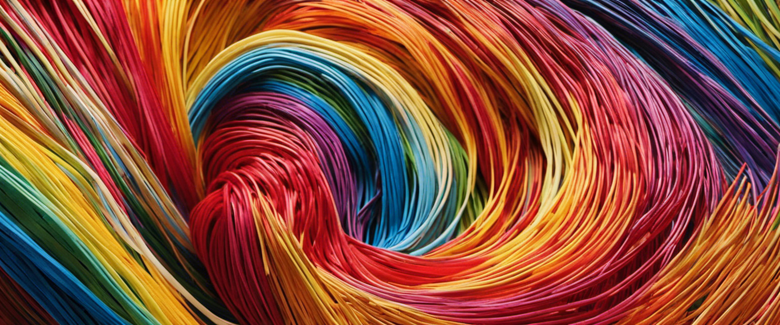 An image showcasing a towering mountain of vibrant rubber bands, meticulously arranged by color and size, stretching towards the sky