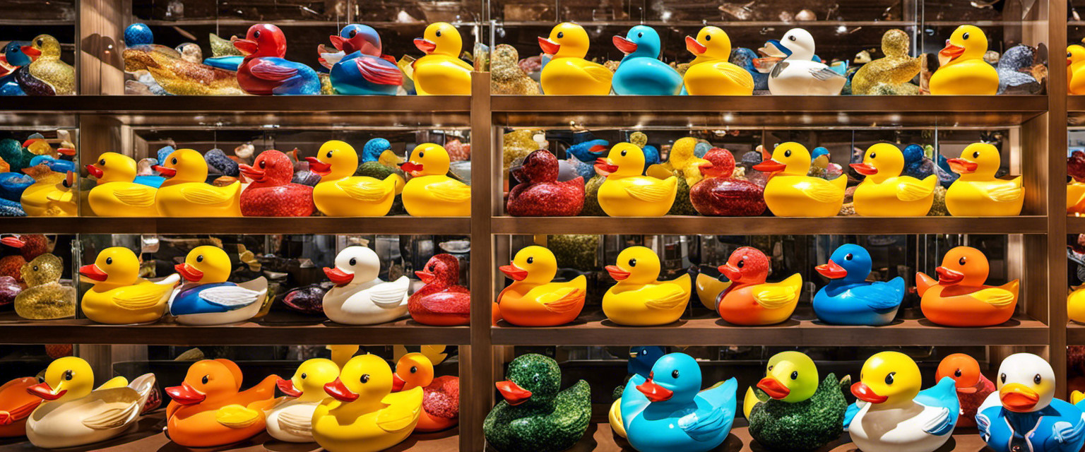An image showcasing the world's largest collection of rubber ducks, with a sea of vibrant, multicolored rubber ducks filling a massive glass display case, stretching as far as the eye can see