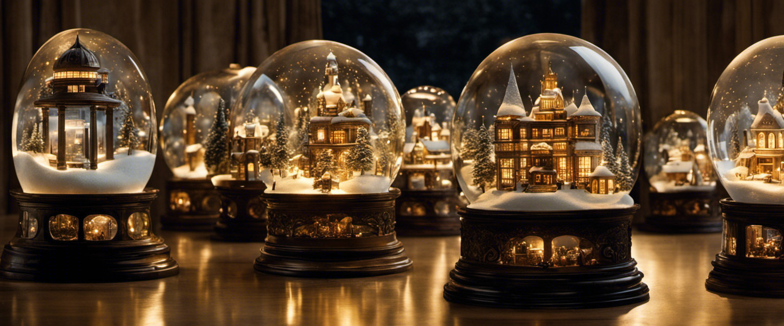 An image of a vast, dimly lit hall filled with towering glass cases, each holding a unique snow globe