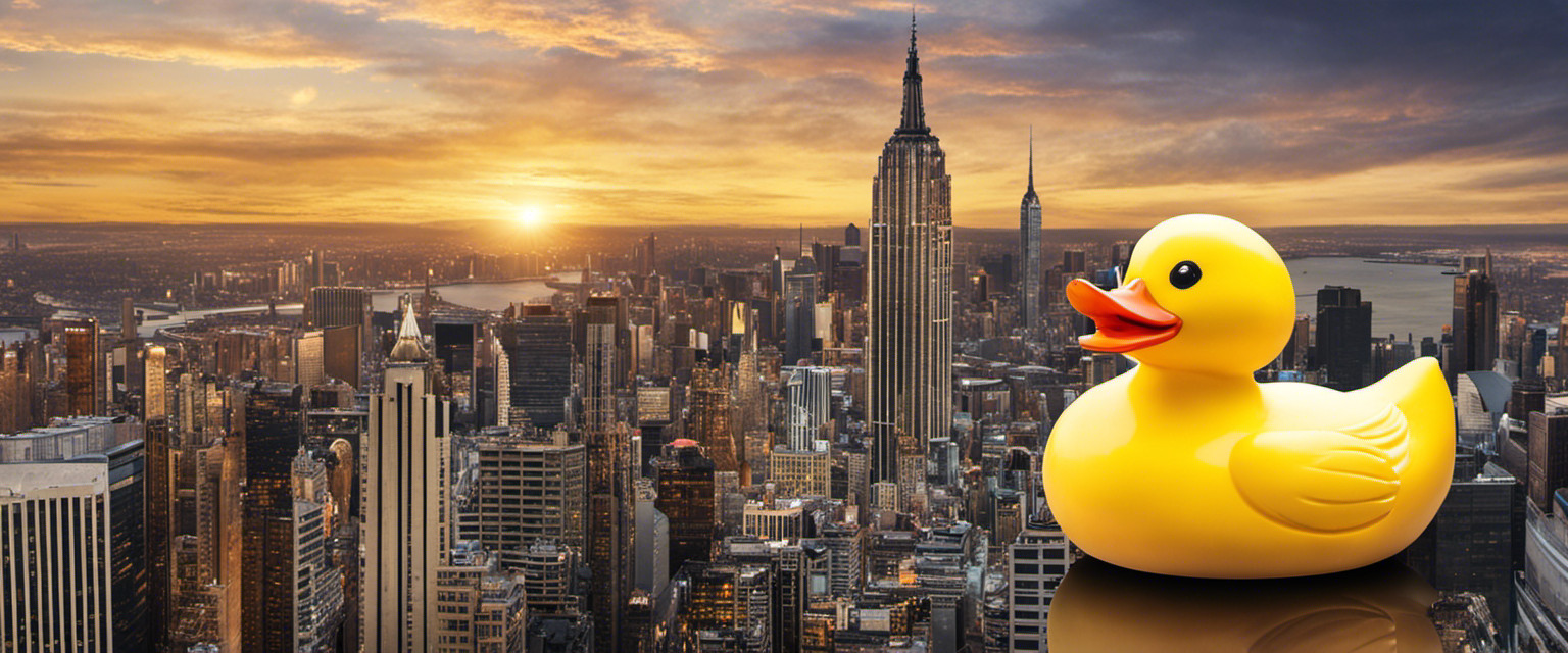 An image showcasing the colossal rubber duck towering over a bustling cityscape, with awe-struck onlookers pointing and gazing upwards