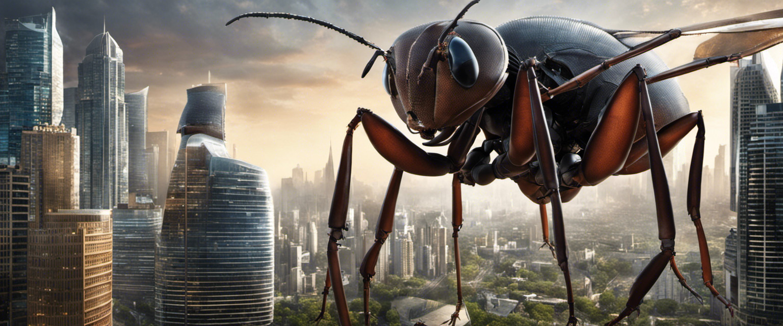 An image showcasing a colossal ant towering over a bustling metropolis, its massive mandibles dwarfing skyscrapers as it navigates through the city, providing a visual representation of useless knowledge about the world's largest ant species