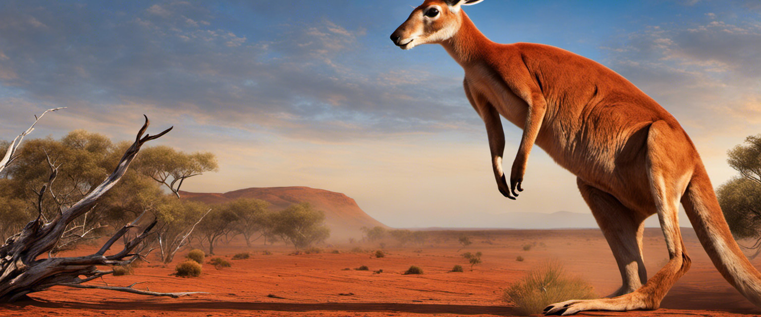 An image depicting a towering red kangaroo, its massive muscular frame dominating the arid outback landscape