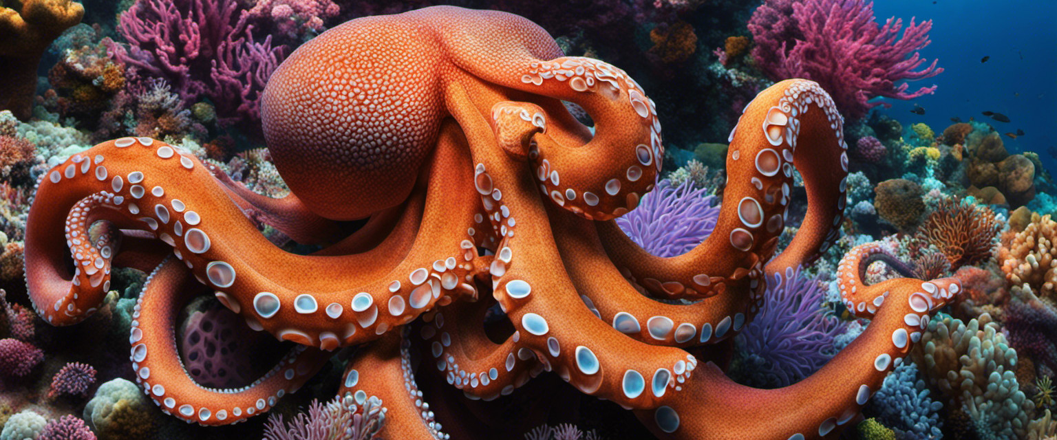 An image showcasing a colossal octopus, its massive tentacles draped over a vibrant coral reef