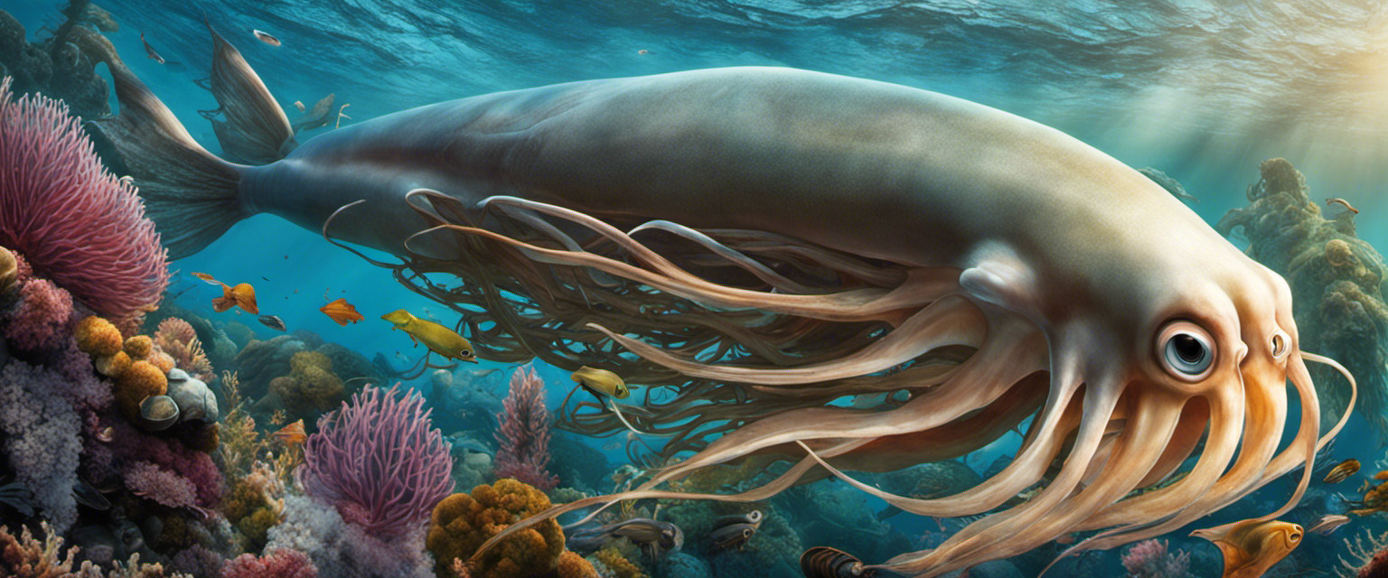 An image that showcases the colossal size of the world's largest squid species; a mesmerizing underwater scene with a gigantic squid gracefully gliding amidst smaller marine creatures, highlighting the insignificance of our knowledge about these magnificent creatures