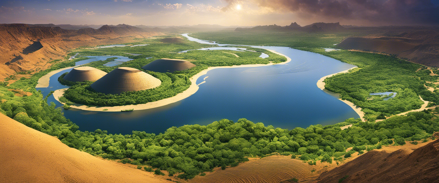 An image depicting the mesmerizing Nile River snaking through lush, verdant landscapes