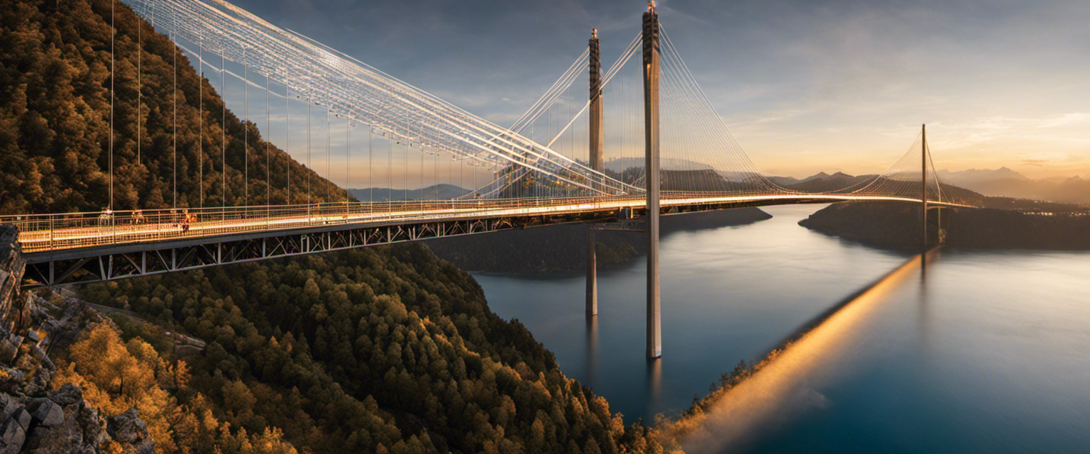 An image depicting the intricate steel cables of the world's longest suspension bridge, gracefully suspended in the sky, showcasing the bridge's immense length and its stunning architectural marvel