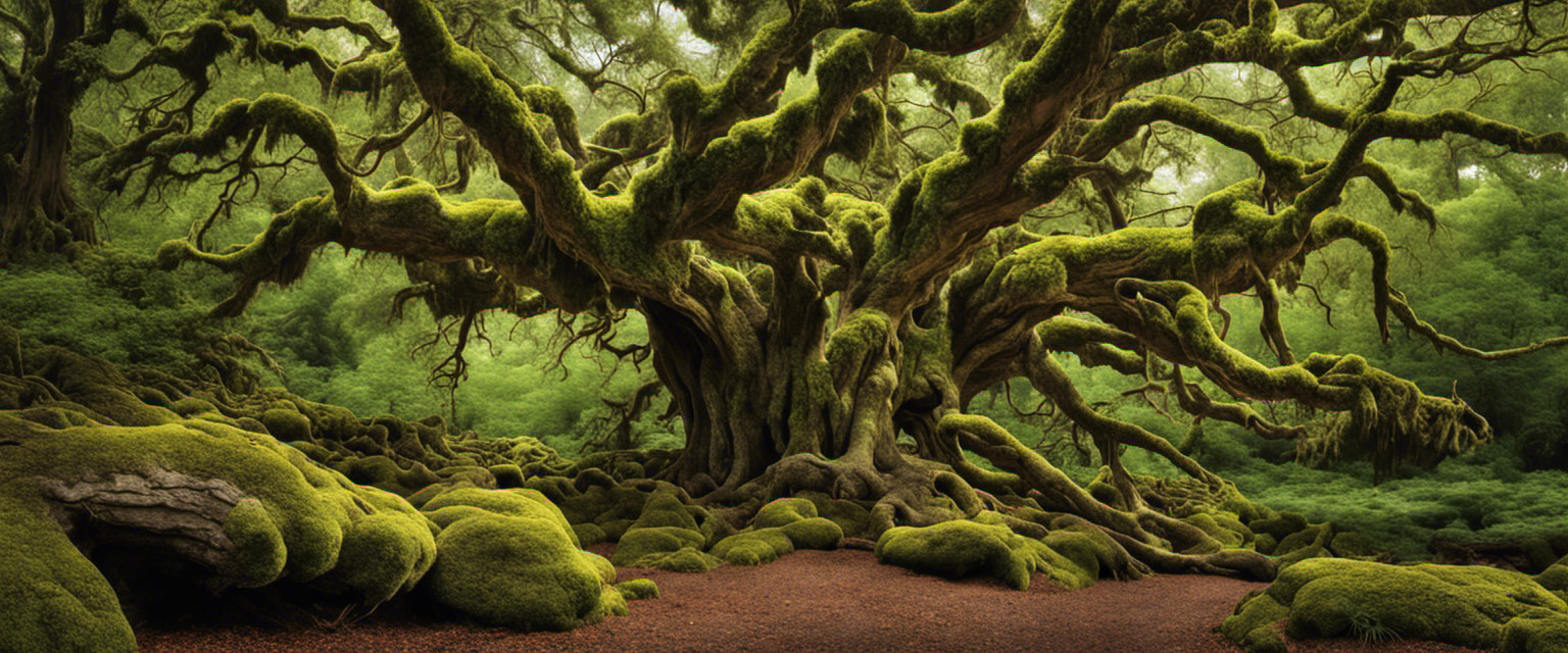 An image showcasing the gnarled and weathered trunk of the world's oldest living tree, its branches adorned with moss and lichen, surrounded by a serene forest landscape