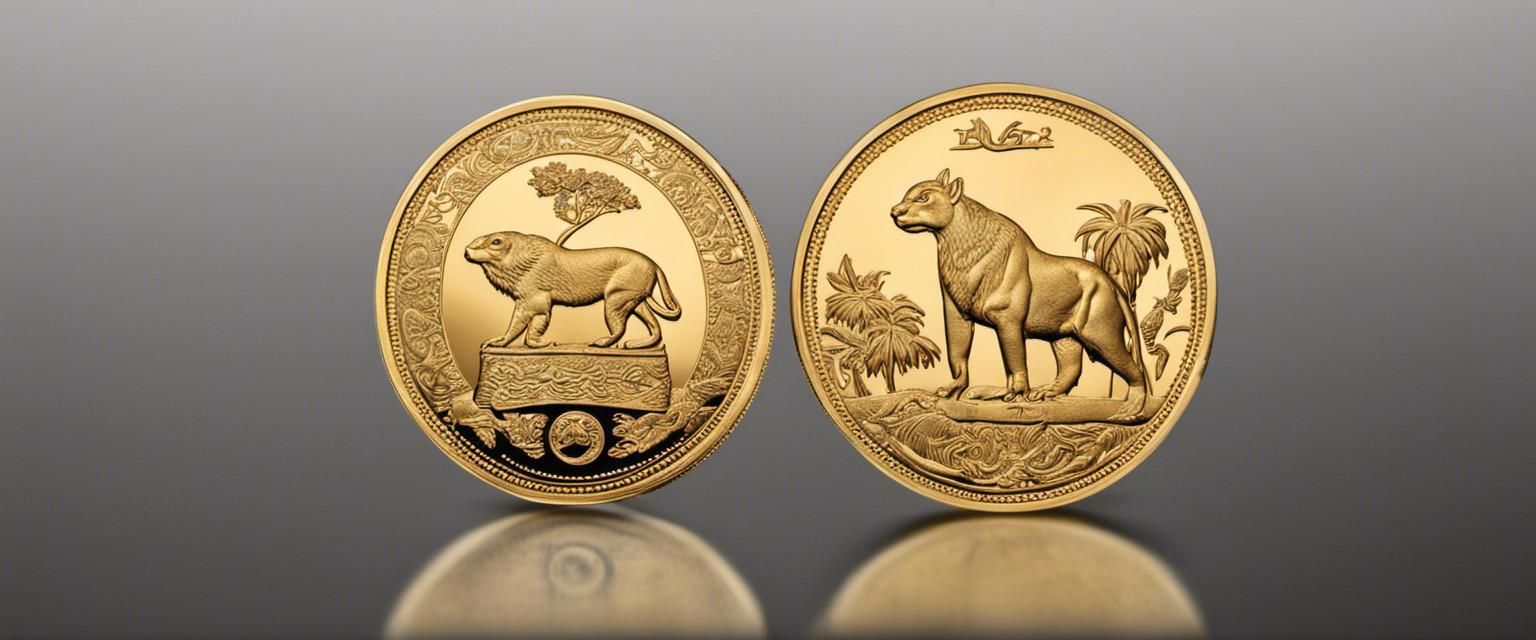 A captivating image showcasing a magnificently intricate, golden coin, adorned with minute engravings of exotic animals and symbols, evoking curiosity and wonder about the world's rarest coin