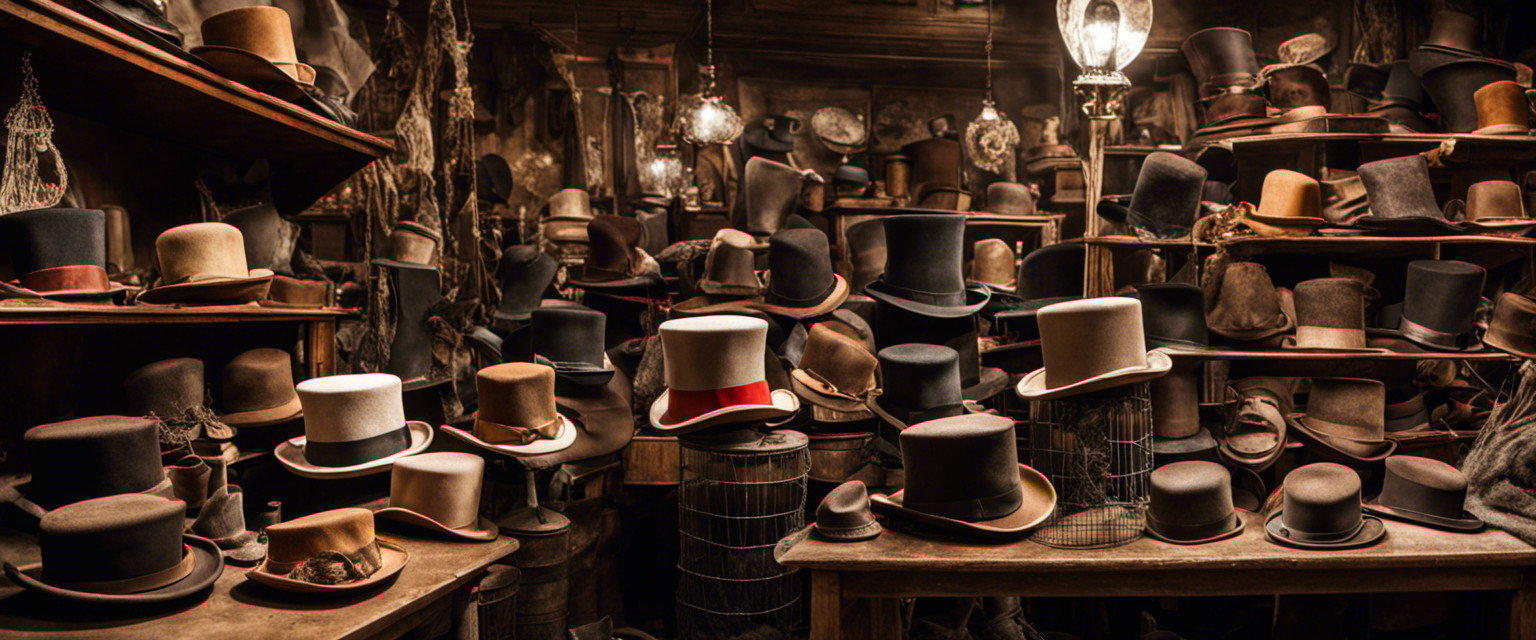 An image showcasing a cluttered antique shop with shelves overflowing with dusty top hats of various styles and colors