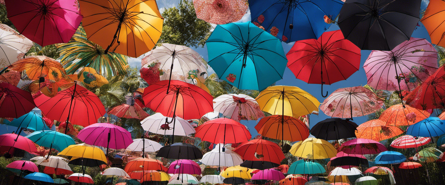An image capturing a whimsical array of uniquely designed umbrellas, showcasing an assortment of impractical features