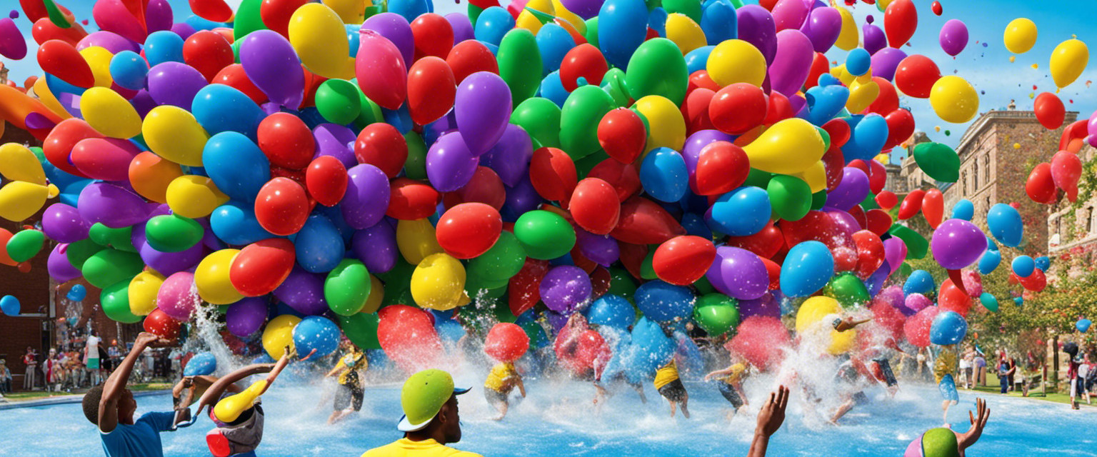 An image showcasing a chaotic water balloon battle, with an array of colorful balloons mid-flight, splattering droplets in all directions, while participants armed with water guns and buckets engage in a playful yet intense competition