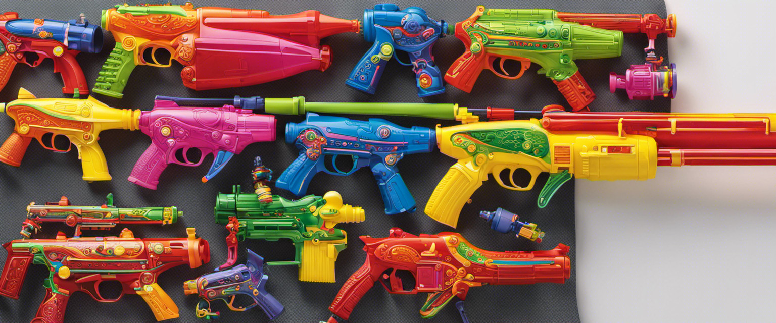 An image showcasing a colorful assortment of water guns, varying in sizes and designs, with intricate details highlighting their intricate mechanisms, valves, and nozzles