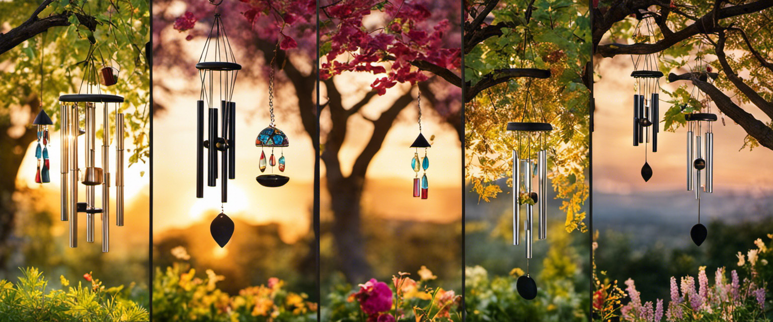 An image of a tranquil backyard with a variety of wind chimes hanging from tree branches, gently swaying in the breeze