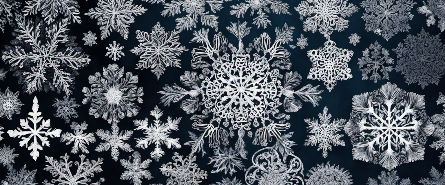 An image depicting various stunning snowflake shapes, intricately interwoven like delicate lace, showcasing the mesmerizing patterns formed by the world's most intricate snowfalls