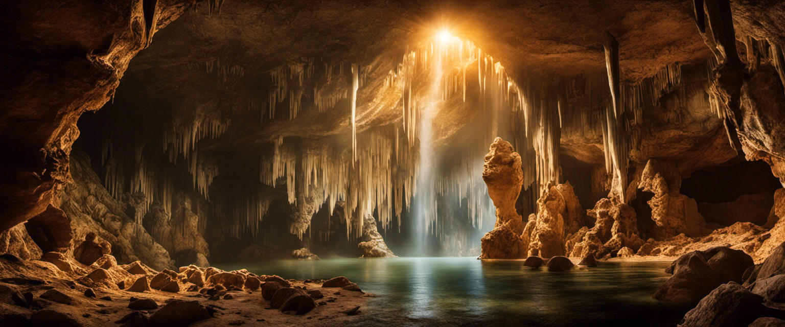An image capturing the mysterious beauty of renowned natural caves; stalactites and stalagmites forming otherworldly landscapes, hushed echoes reverberating through colossal chambers, and ethereal beams of light piercing through hidden crevices
