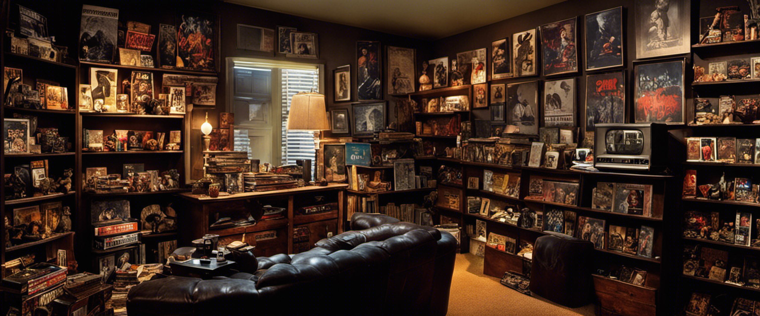 An image showcasing a cluttered, dimly lit room with walls adorned by meticulously arranged movie posters, shelves filled with zombie figurines, and stacks of worn-out VHS tapes, exuding an eerie atmosphere that pays homage to zombie movie trivia