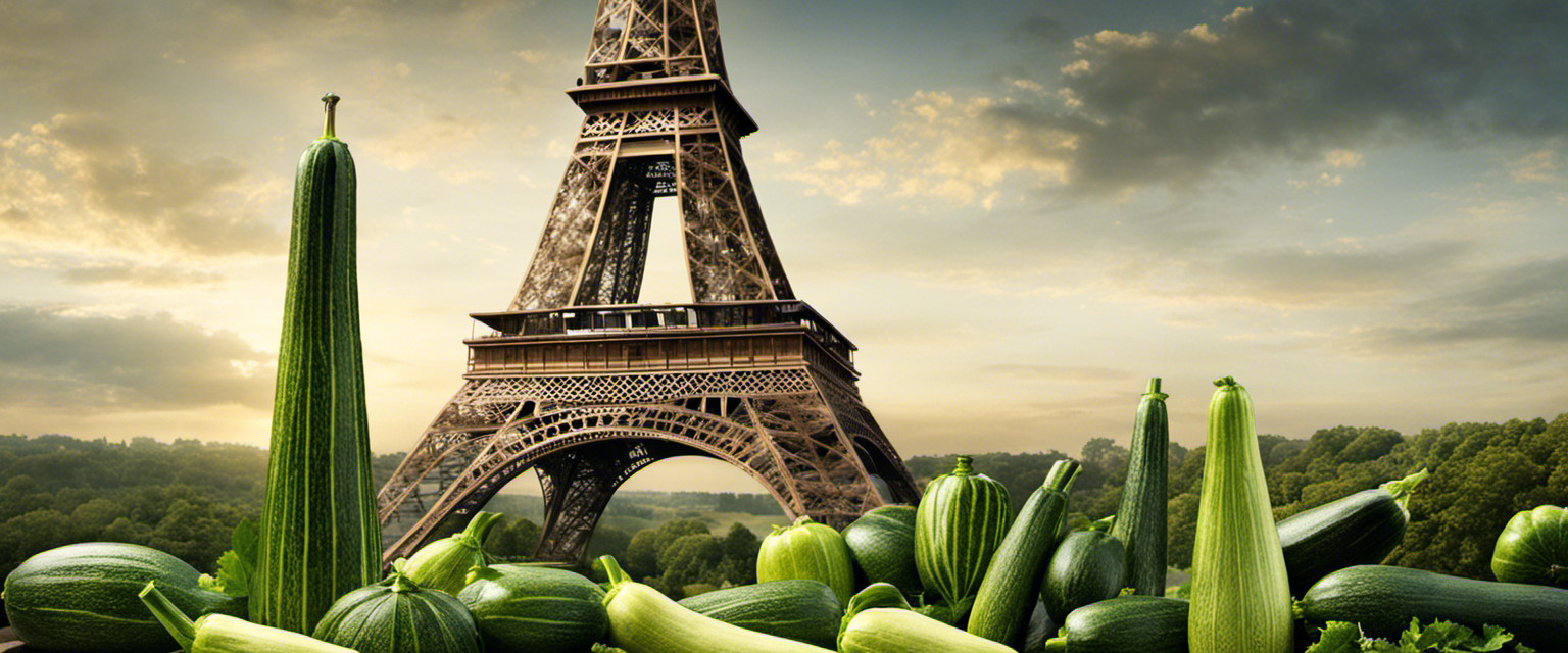 An image featuring a zucchini carved into an intricate, life-sized replica of the Eiffel Tower, showcasing the artistry and absurdity of zucchini carving